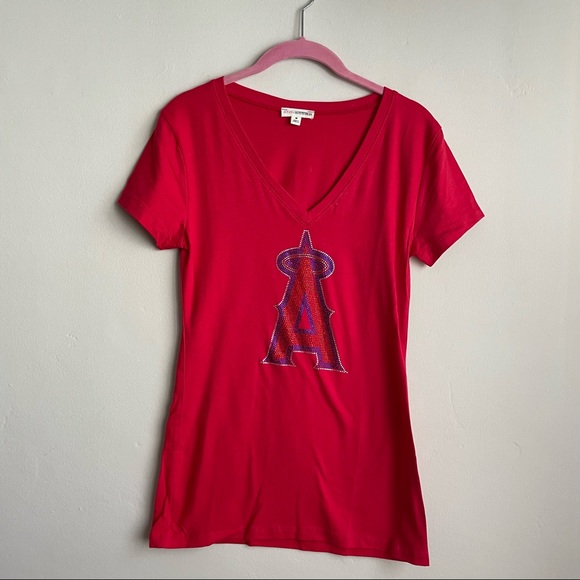 Zenana Outfitters Red Sequin Angels Baseball Fitted Tee Shirt - Picture 1 of 6